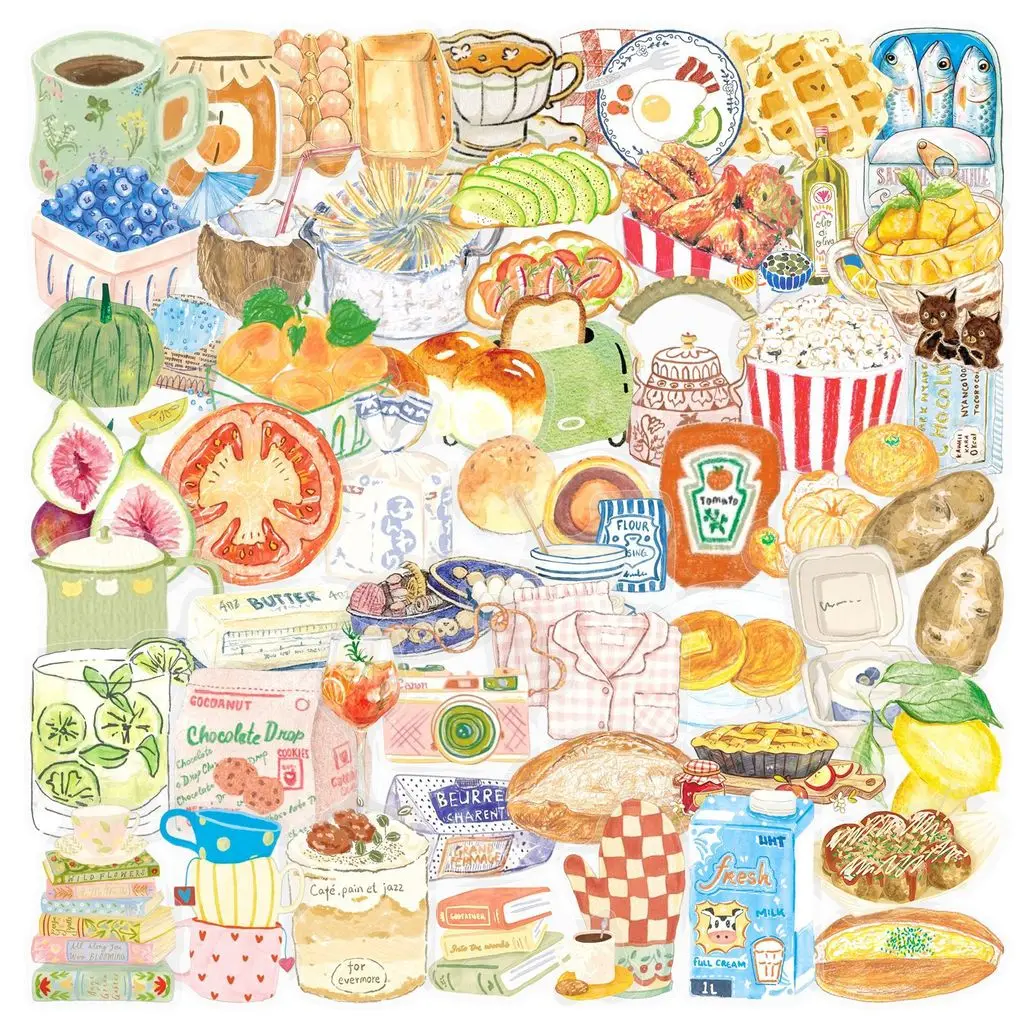 50Pcs Watercolor Cartoon Food Stickers, Transparent PET Waterproof Decals for Journal, Water Bottle DIY Decor