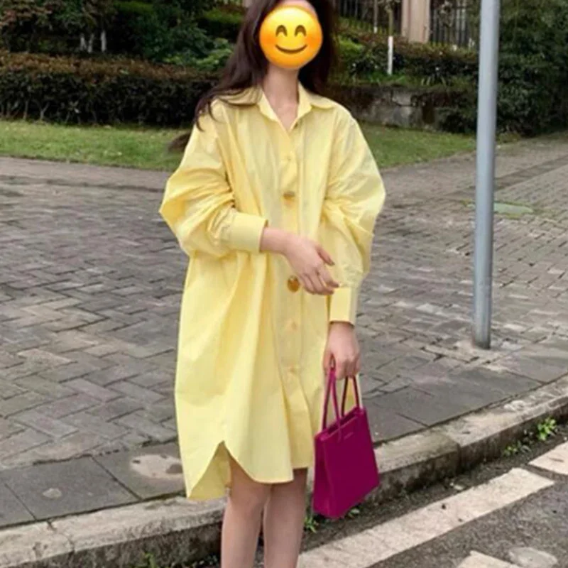Spring Autumn 2025 New Casual Korean Solid Color Turn-down Collar Shirt Dress Femme Simplicity Buttons Lantern Sleeve Dresses
