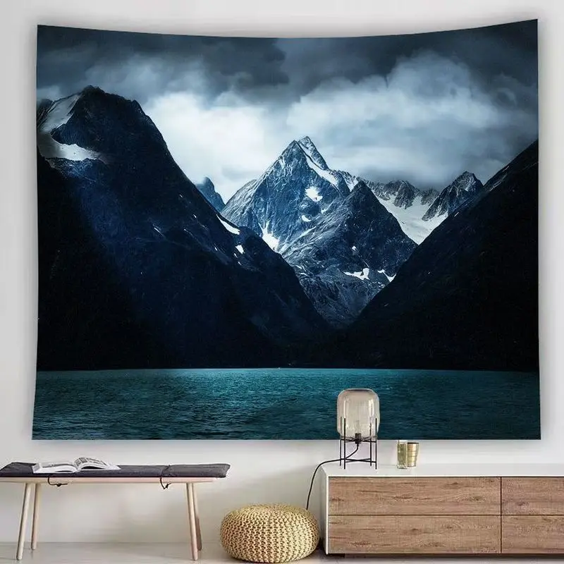 VIKAMA Minimalist Dark Cool Mountain Tapestry - Storm Cloud Snowy Summit Turquoise Lake