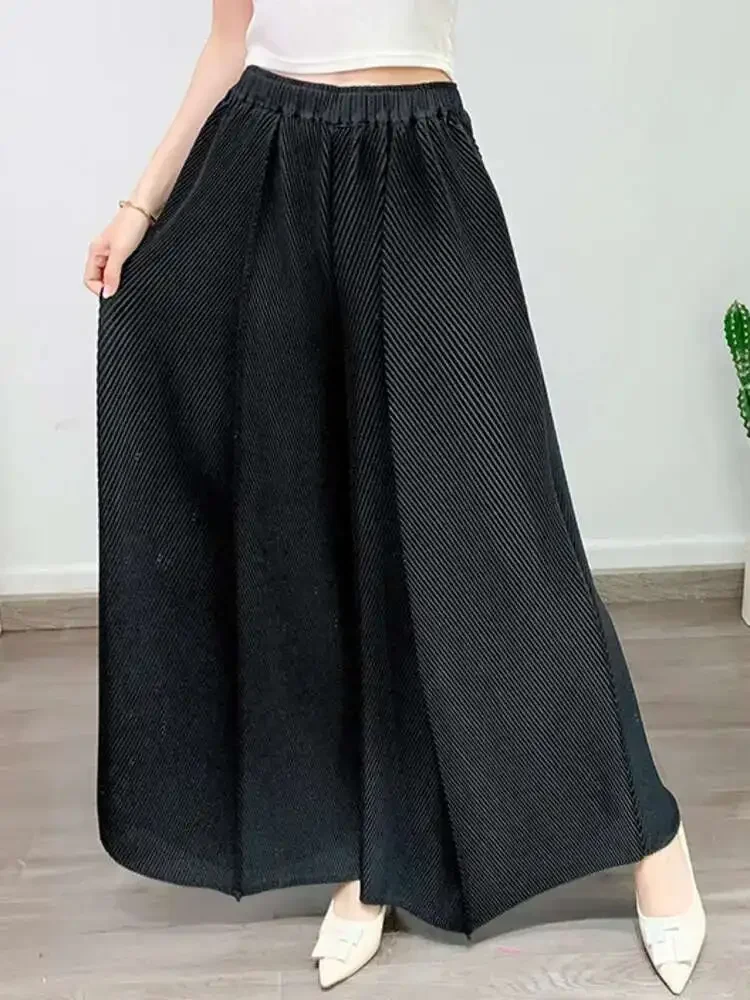 موضة عادية مطوي بنطال ذو قصة أرجل واسعة المرأة عالية مرونة الخصر مصمم موضة بنطلون المرأة مياكي 2025 صيف جديد