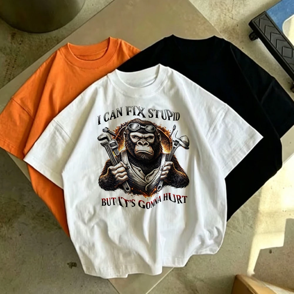 I Can Fix Stupid But It's Gonna Hurt Mechanic Gorilla Wrench Print Oversized Cotton Tee Vintage Workwear Hip Hop Loose