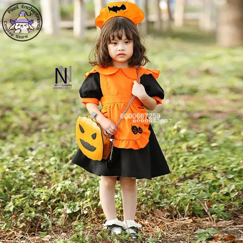 

2024 Halloween Kids Orange Pumpkin and Green Bat Girls Role Play Dress Maid Cosplay Costume Cute Halloween Carnival Outfit