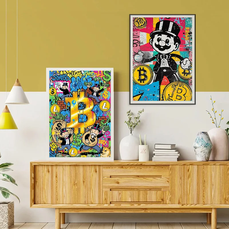 Funny Crypto Money Graffiti Art Monopoly Bitcoin Ethereum Poster Canvas Painting Print Wall Picture for Living Room Home Decor