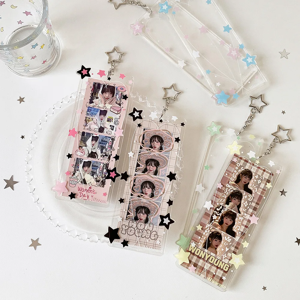 Colorful Star Acrylic Life Four Grid Card Holder Kpop Pendant Four Grid Photocard Hard Case Keychain