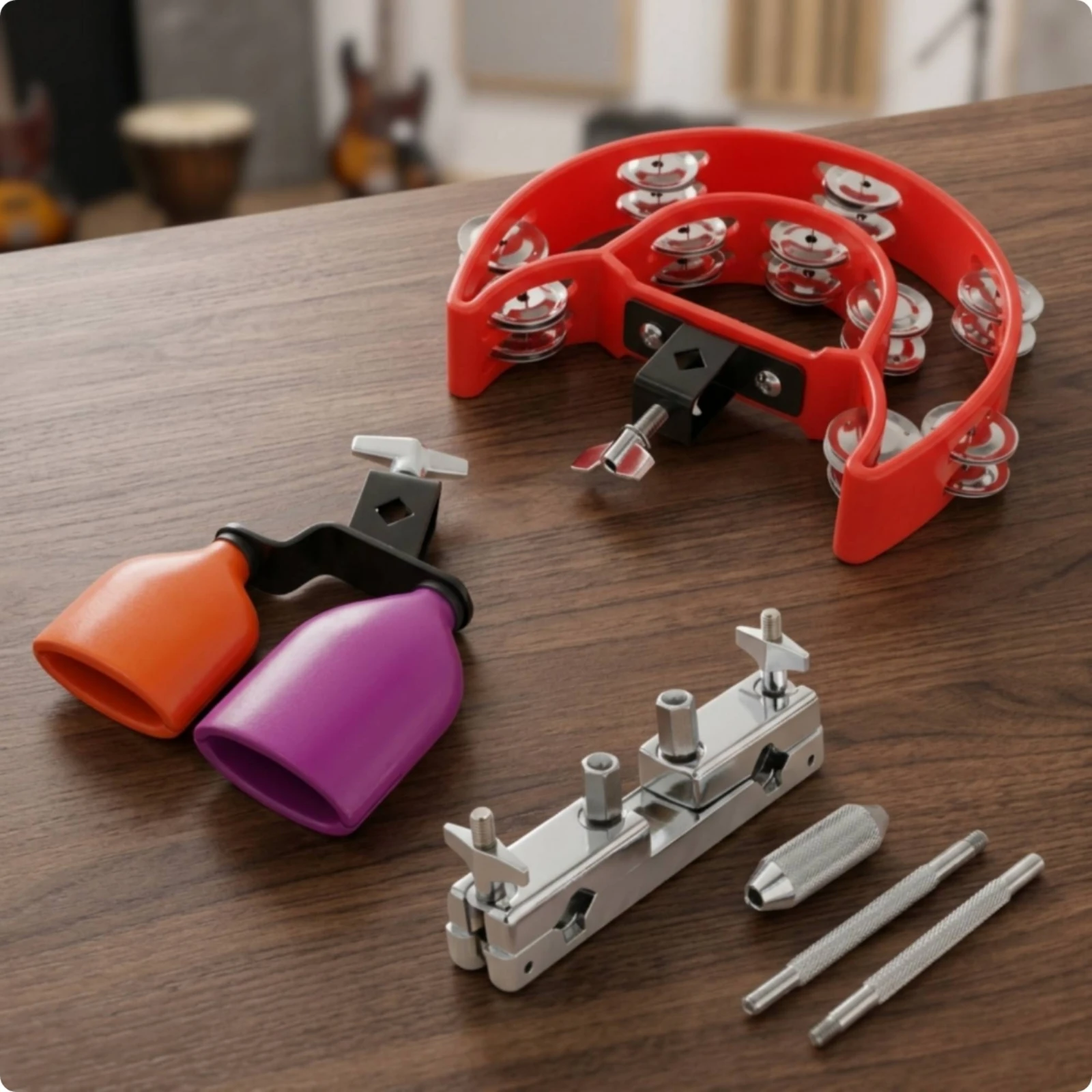 Percussion Accessory Set Metal Bell Shaker with Clamp Percussion Mounting Bracket Bright Tambourine Sturdy for Percussionists
