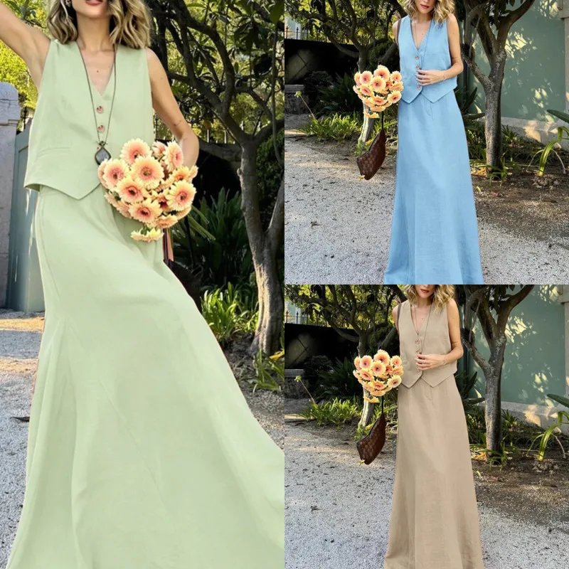 

Women Chic Vest And Maxi Skirt Set Sleeveless V Neck Button Waistcoat Top Two Piece Summer Office Lady Casual Resort Wear Loose
