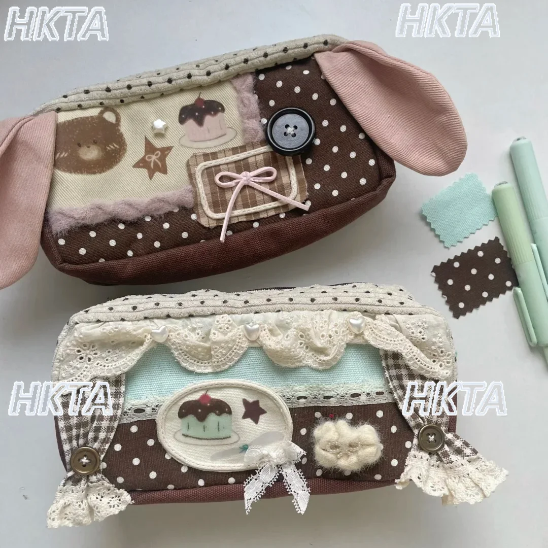 Japanese Sweet Cute Lace Bow Polka Dot Pencil Case Transparent Pain Bag Large Capacity Student Storage Lolita Cosmetic Bag Women