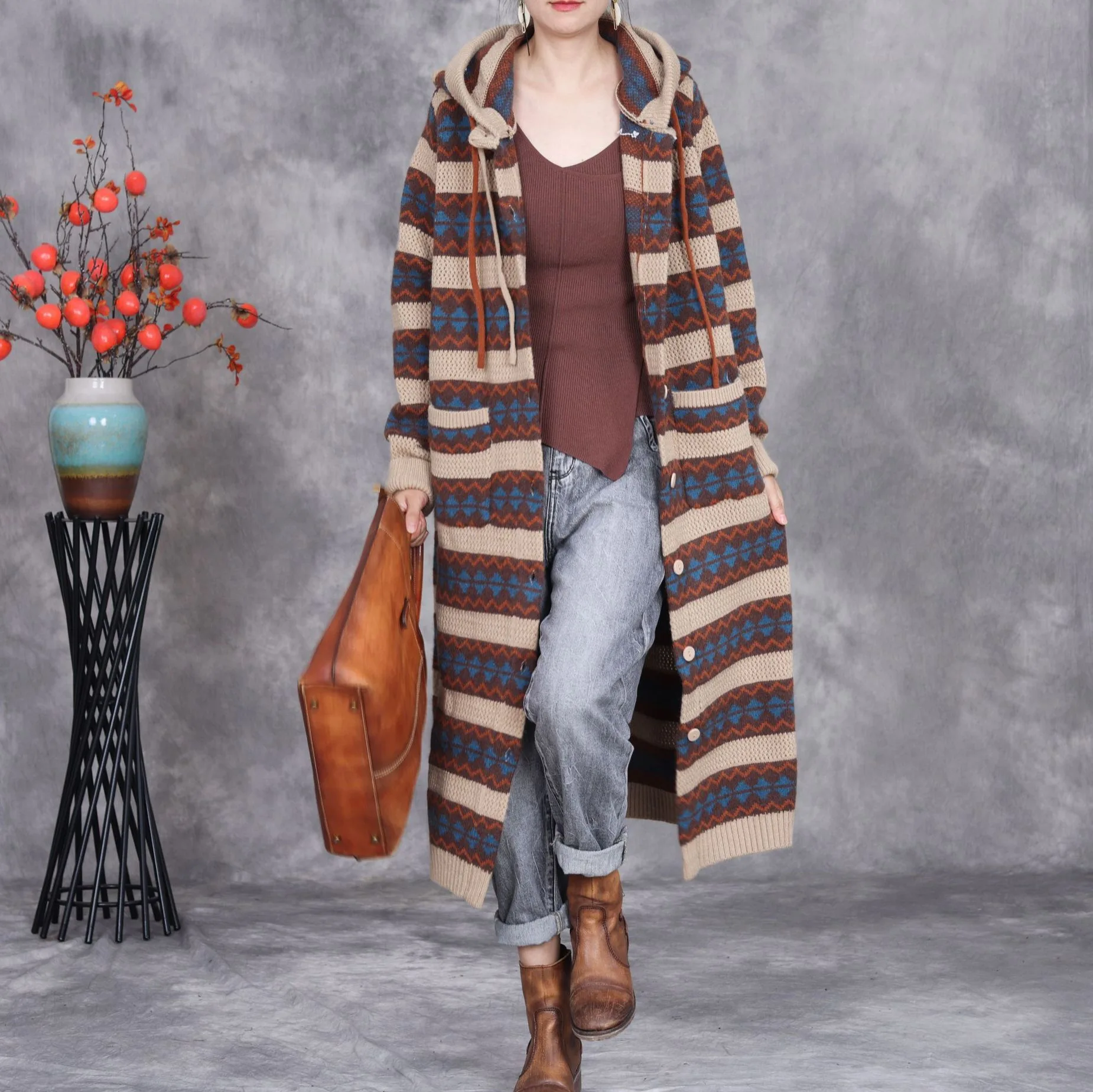 Vefadisa 2025 Spring Autumn New Coffee Striped Printed Women Sweater Cardigan Hooded Long Sleeve Mid-length Cardigan ZXY1283A