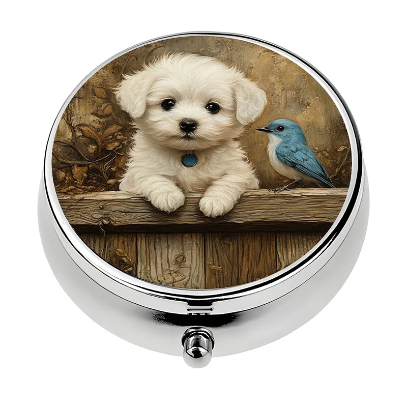 Single pill box, three-compartment design, featuring cute puppy and blue bird patterns, perfect for organization, and makes a unique travel gift
