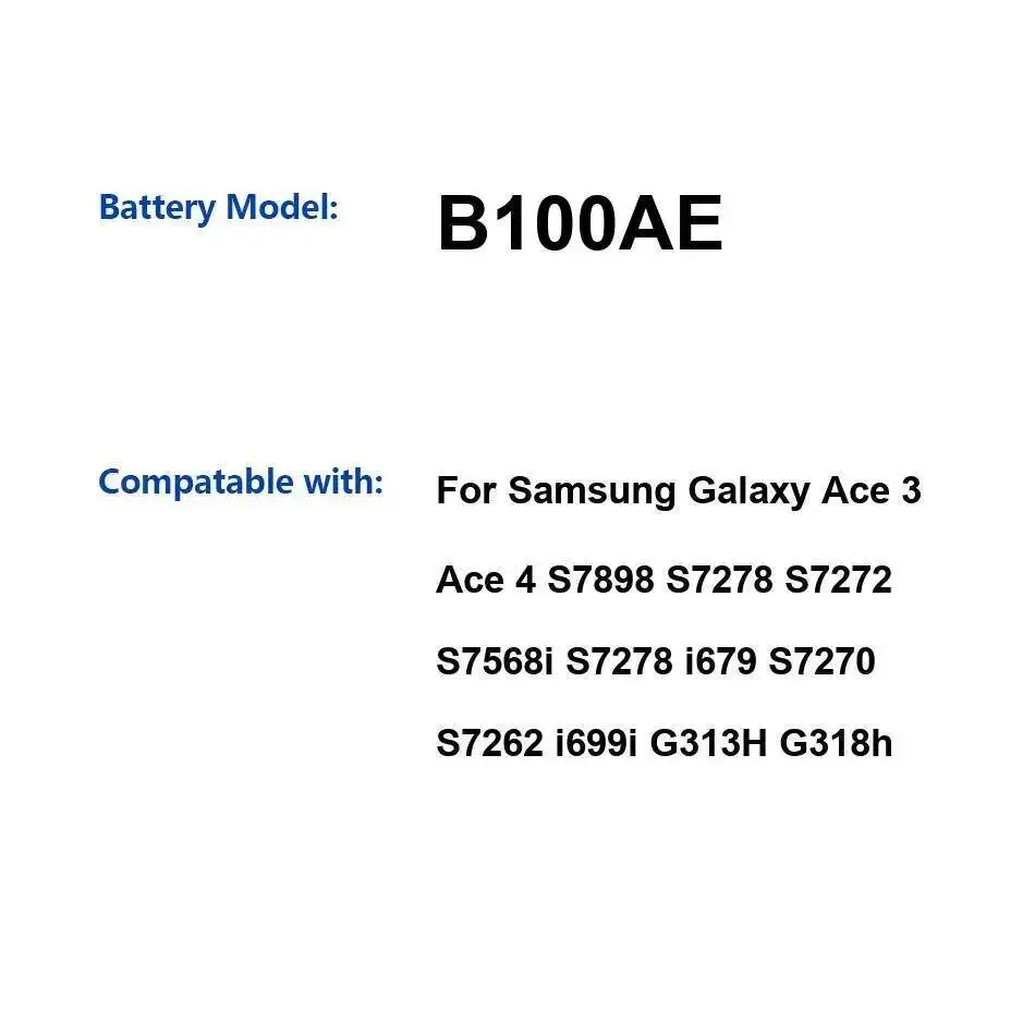 

Аккумулятор мобильного телефона B100AE 1500 мАч для Samsung Galaxy Ace 3 4 S7898 S7278 S7272 S7568i I679 S7270 S7262 I699i G313H G318h