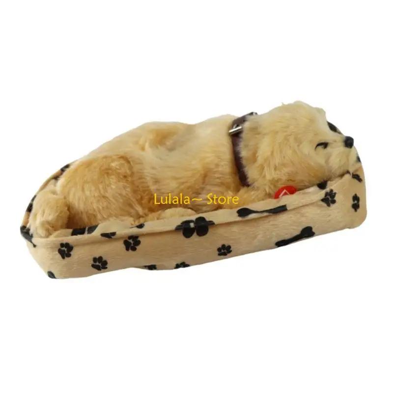 Y4qa cão realista dormindo ornamento pelúcia respiração cão peludo brinquedo pelúcia com tapete eletrônico animal para