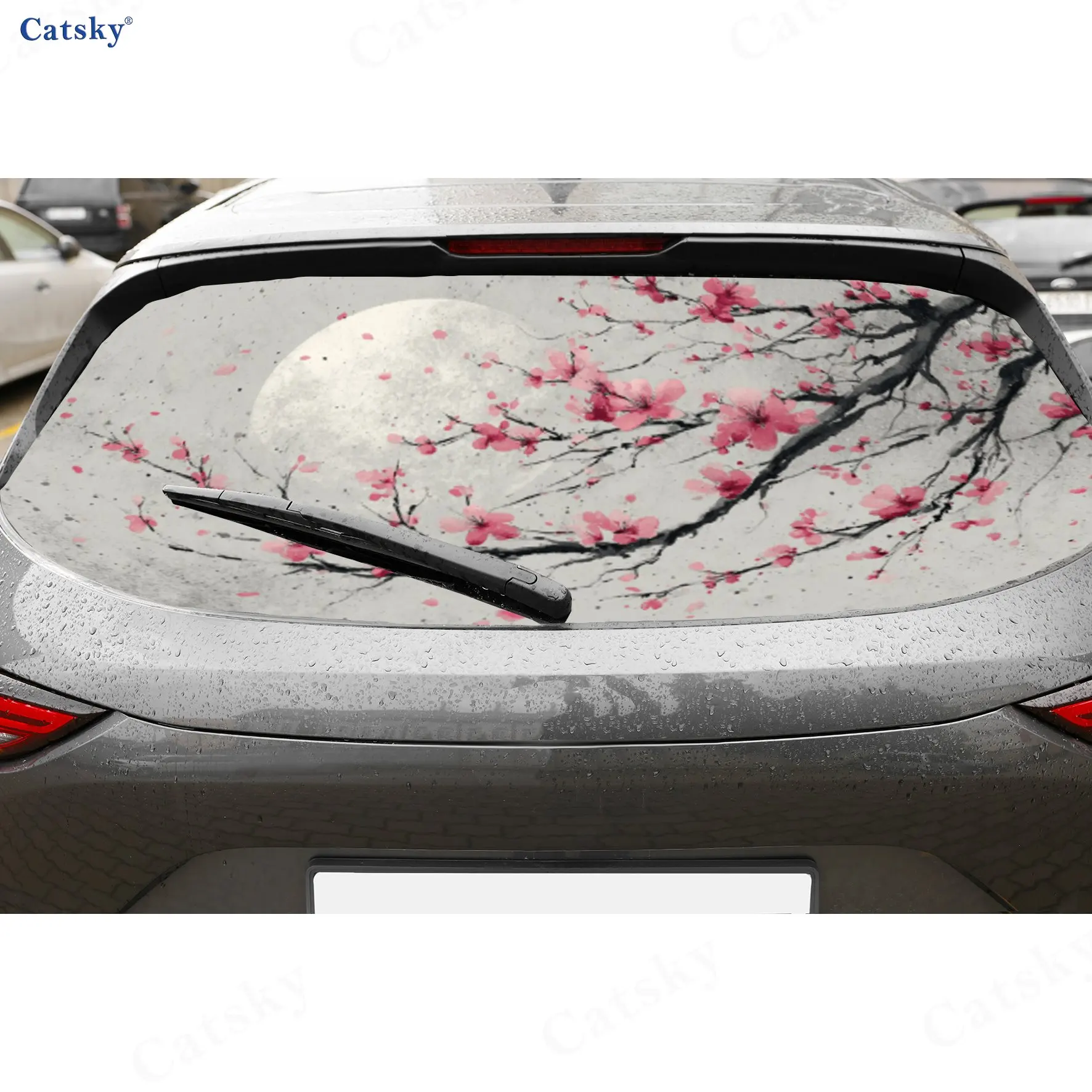 Plum Blossom Moonlight PVC Perforated Car Vinyl Wraps, Durable Car Rear Windshield Sticker, Waterproof Car Rear Window Decal