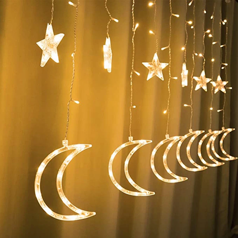 TKOH-LED Rideau Lumière 2.5M Extérieur Étanche Chambre À Coucher Maison ixDécoration De Mariage 12 Étoiles Lune Lumière Chaîne EU Plug