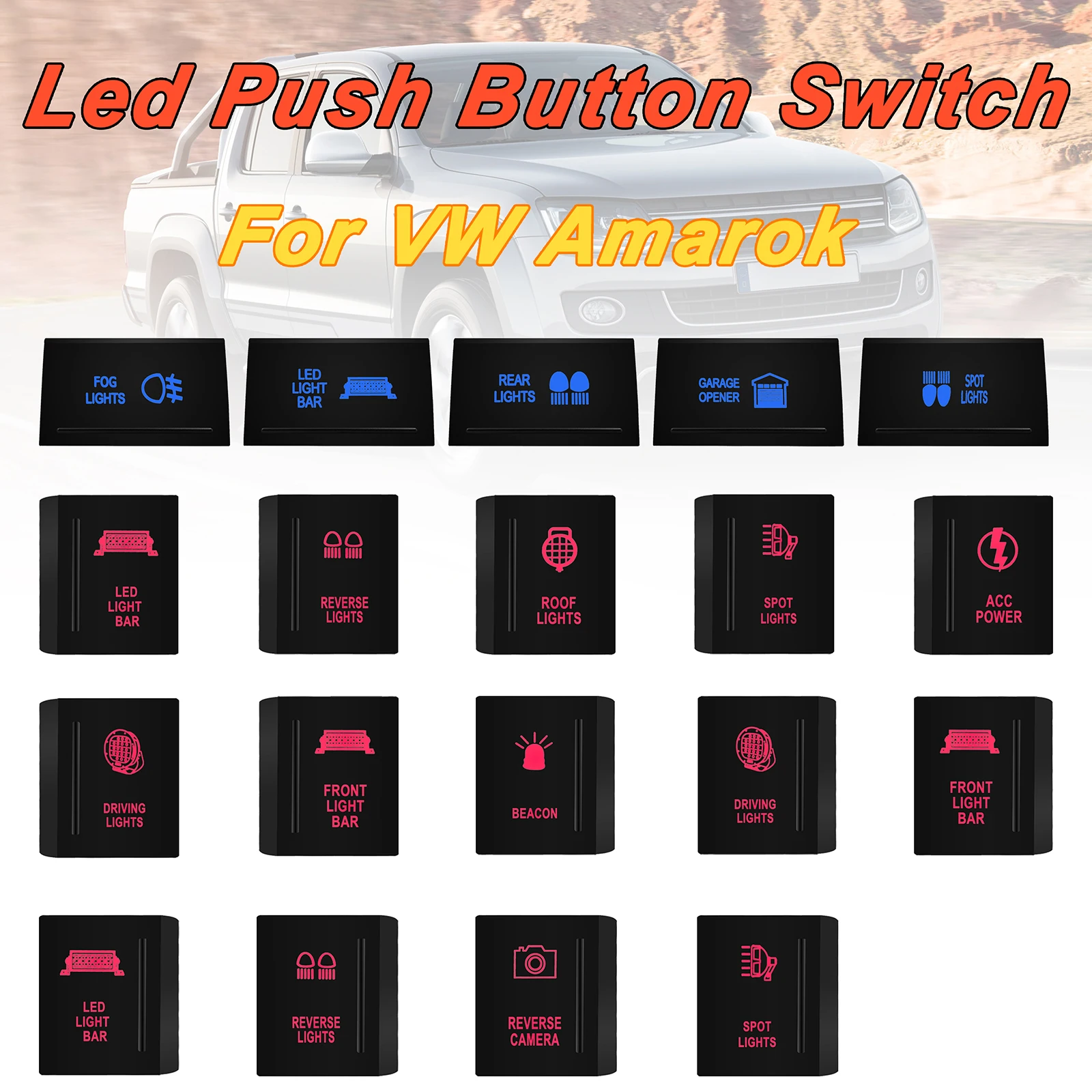 

1 Pc 3Amp 12V LED Push Button ON OFF Switch Top/Left Side/Right Side For VW Volkswagen Amarok With Wiring Connector