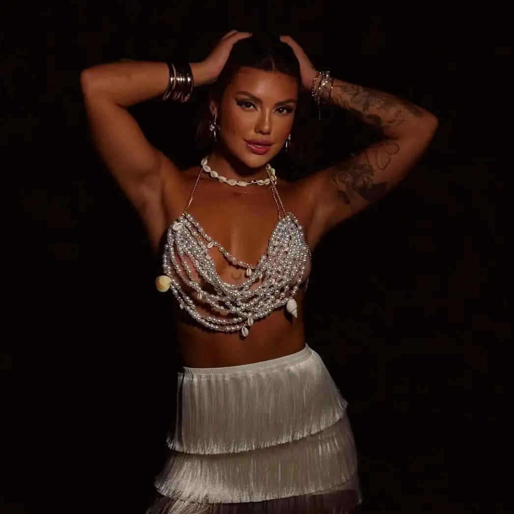 Luxury Shell Tassel Plastic Pearls Breast Chain Bikini Crop Tops Women Buster Bra Jewelry Dance Show Night Clubwear Body Chains