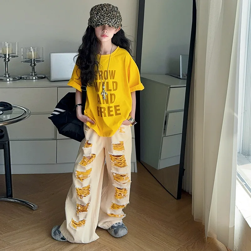 Teens Girls Ripped Jeans Summer Tweens Kids Broken Hole Denim Pants Fashion Elastic Waist Children Trousers Age 5-14 Years Old