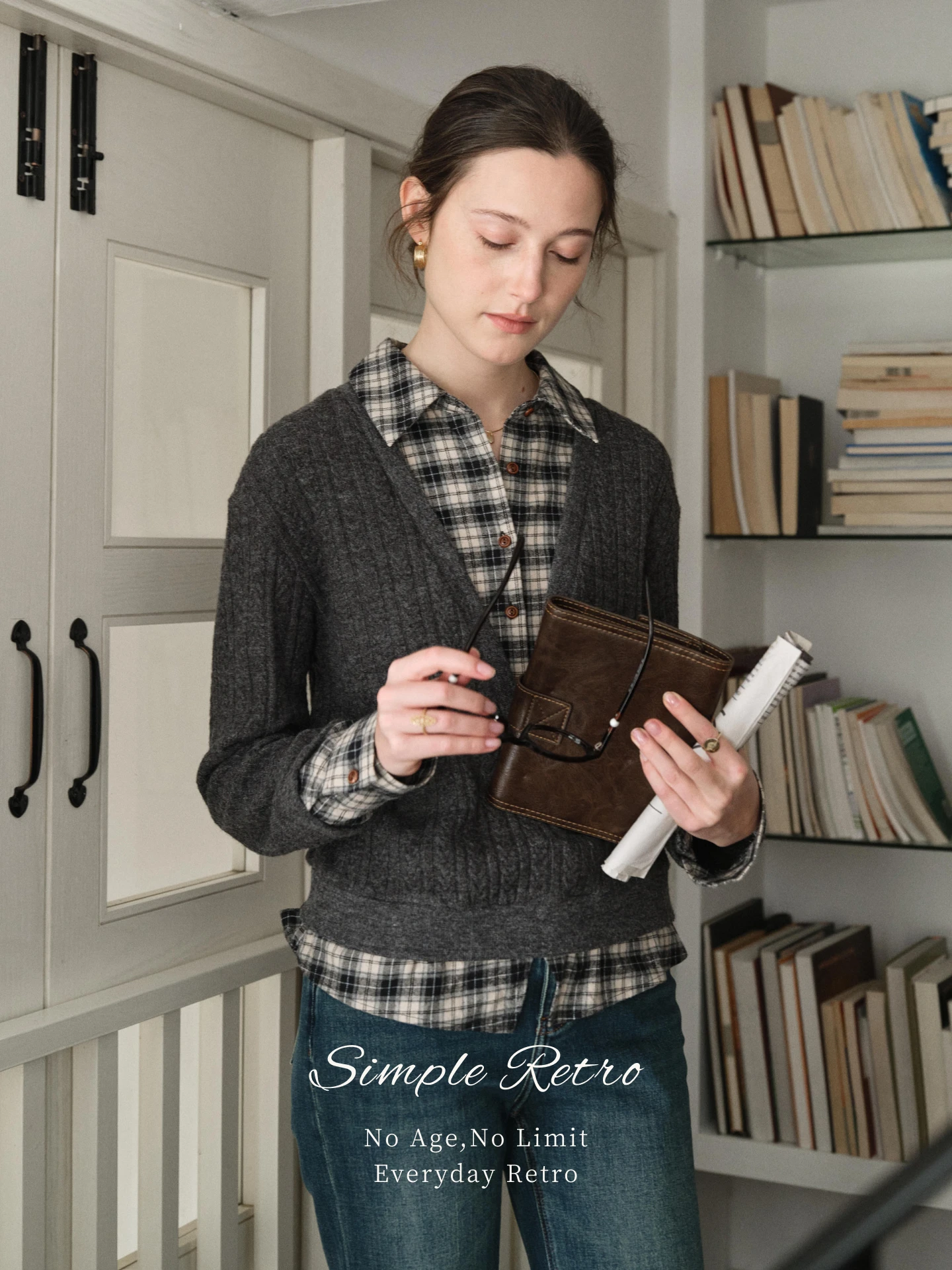 French Style Plaid Long Sleeve Shirt Women's Knitted Patchwork Cotton Gingham Manuscript Retro Twist Fake Two-Piece Top