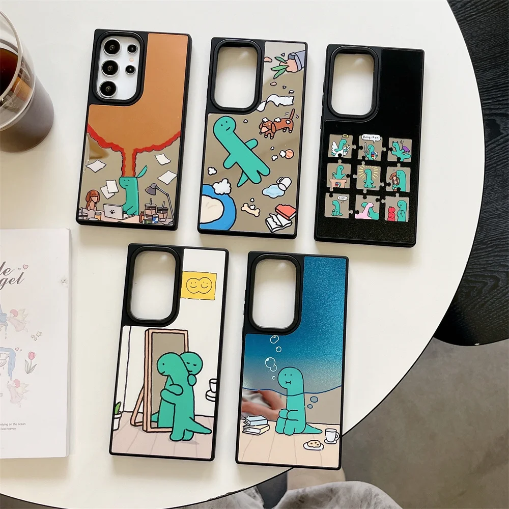 

Creative Cartoon Dinosaur Sticker Make Up Mirror Phone Case For Samsung Galaxy S25 S24 S23 S22 Ultra Plus FE Back Cover