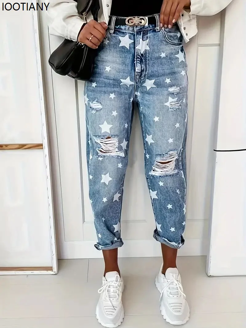 Yeni Erkek Arkadaşı Kot Kadın Slim Fit Yırtık Kot Moda Kadın Beş Köşeli Yıldız Yırtık Kot Sokak Rahat Mavi Kot 2025