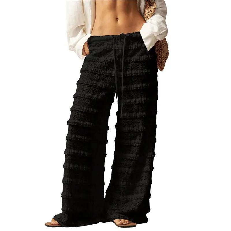 NEW-Women Drawstring Elastic Waist Multi Ruffle Eyelet Lace Wide Leg Pants Cover Up Beach Pants