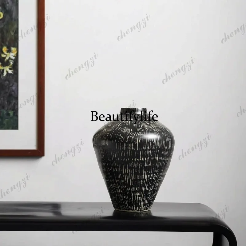 Wabi-Sabi ceramic vase ornament, living room model room, homestay soft furnishing, large flower arrangement vessel ornament