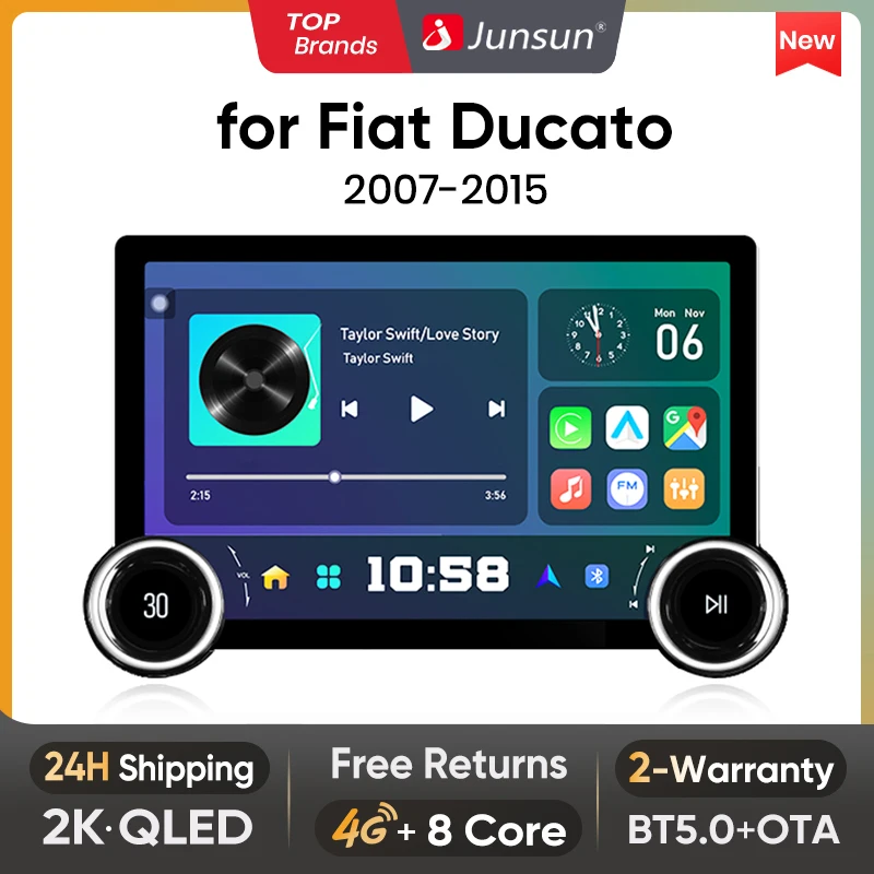 Junsun X8 Wireless CarPlay Android Auto Car Radio for Fiat Ducato 2007 2008 2009 2010 2011 2012 -2015 QLED 2K DSP 48EQ 8 Core