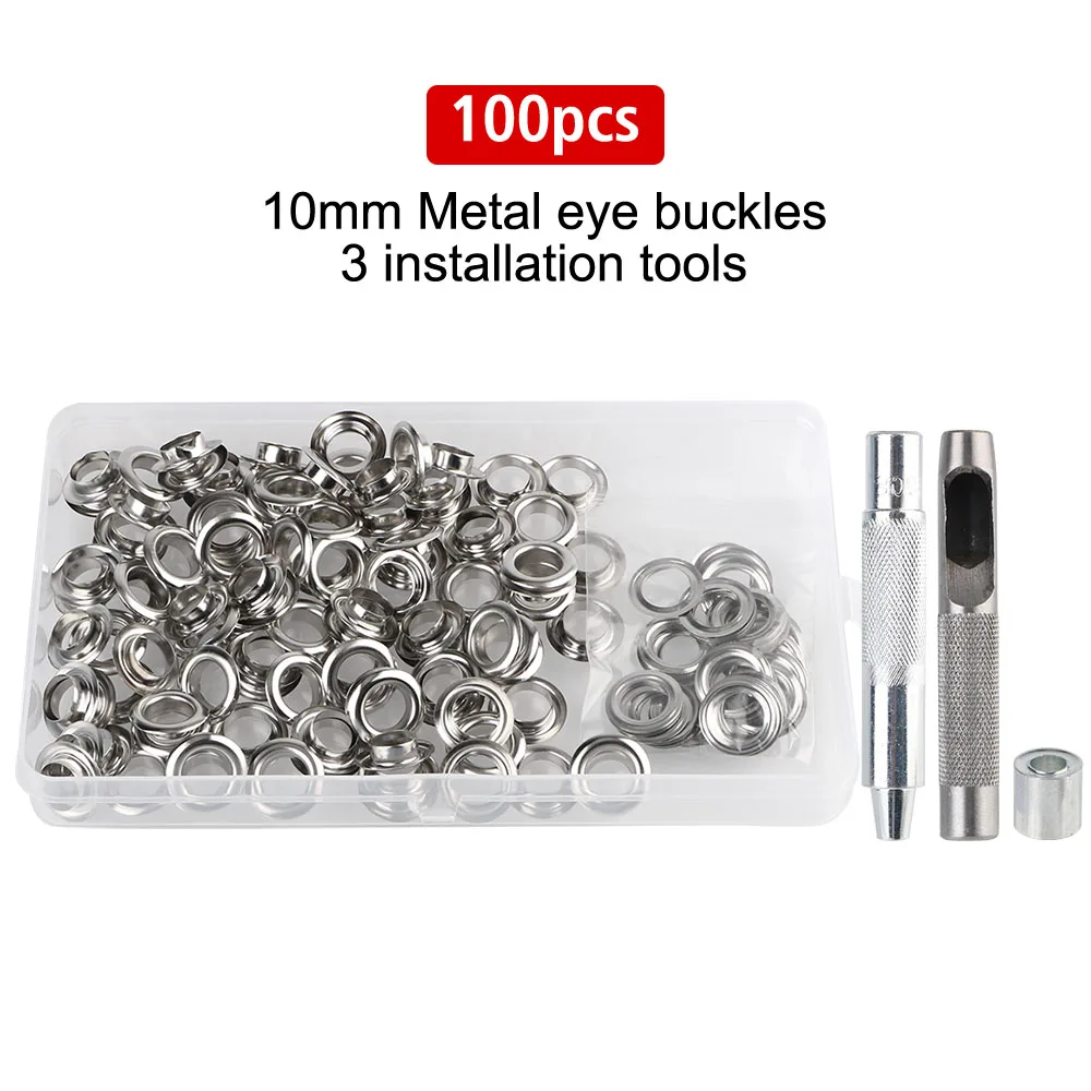 1 Sets with box 3  installation tools 100pcs 10MM Metal buckles Air Eyelet Corns Tarpaulin Ring Buckle Copper eyelet