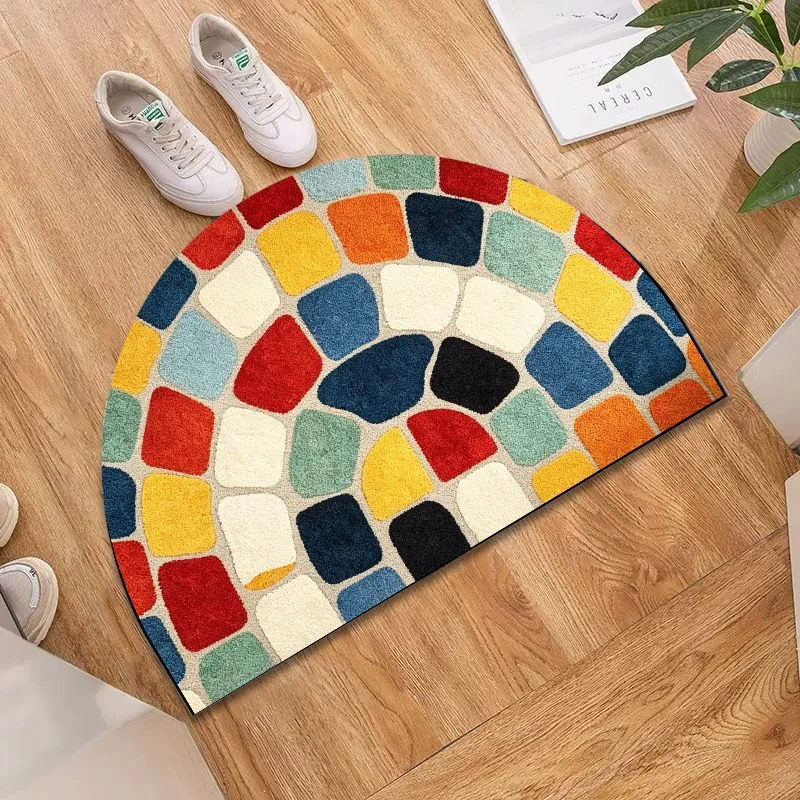 VIKAMA Colorful Irregular Block Half Round Bath Mat, Non-slip Water Absorbent Retro Mosaic Bathroom Rug