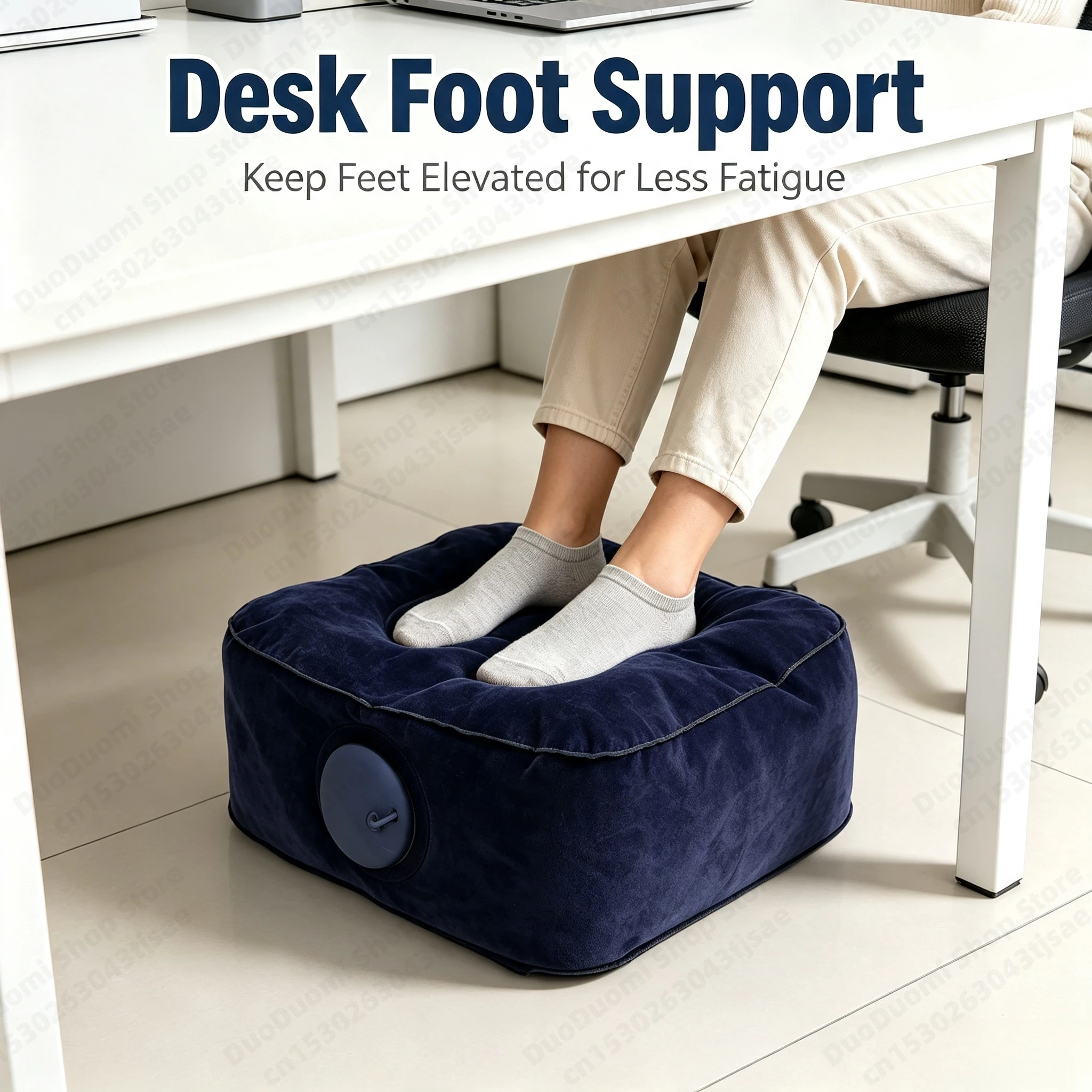 Inflatable Footrest Pillow, Ergonomic Under Desk Foot Cushion, Portable Leg Rest for Travel Office, Non-Slip Flocking Surface