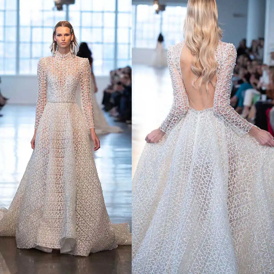 

Новый дизайн, свадебное платье трапециевидной формы, аппликации, кружево, с открытой спиной, с высоким воротом и длинными рукавами, свадебные платья, Vestidos De Novia, по индивидуальному заказу