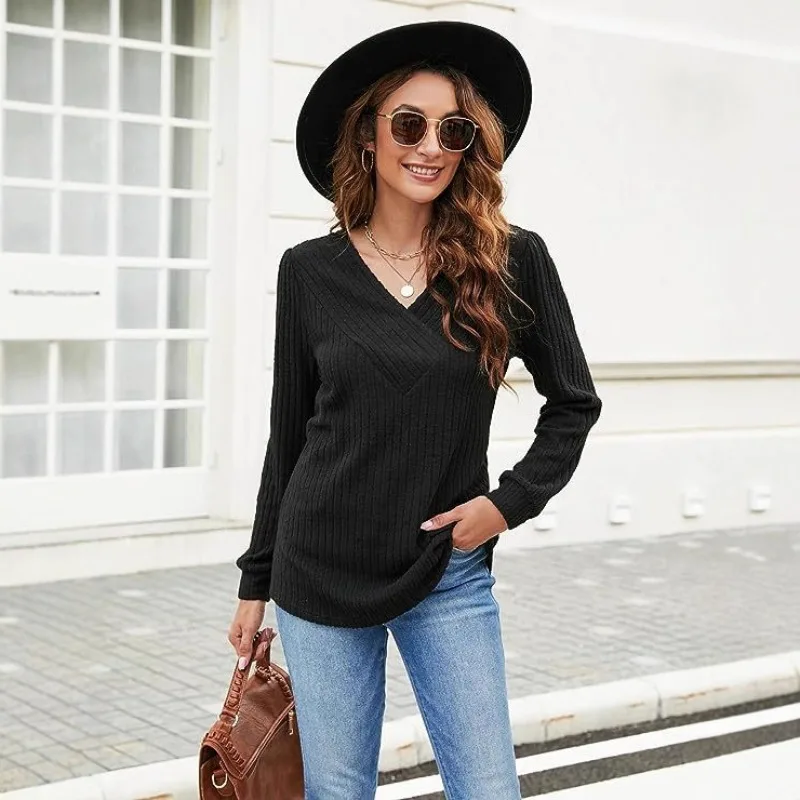 Autumn Winter V-Neck Ribbed Long Sleeve Sweatshirt Women's Plus Size