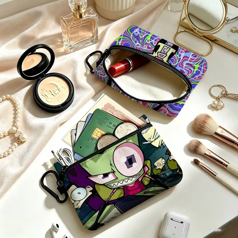 I-Invader Anime Z-ZIM   Lightweight Oxford Fabric Coin Purse Carabiner Hook Design Mini Card Key Organizer Bag