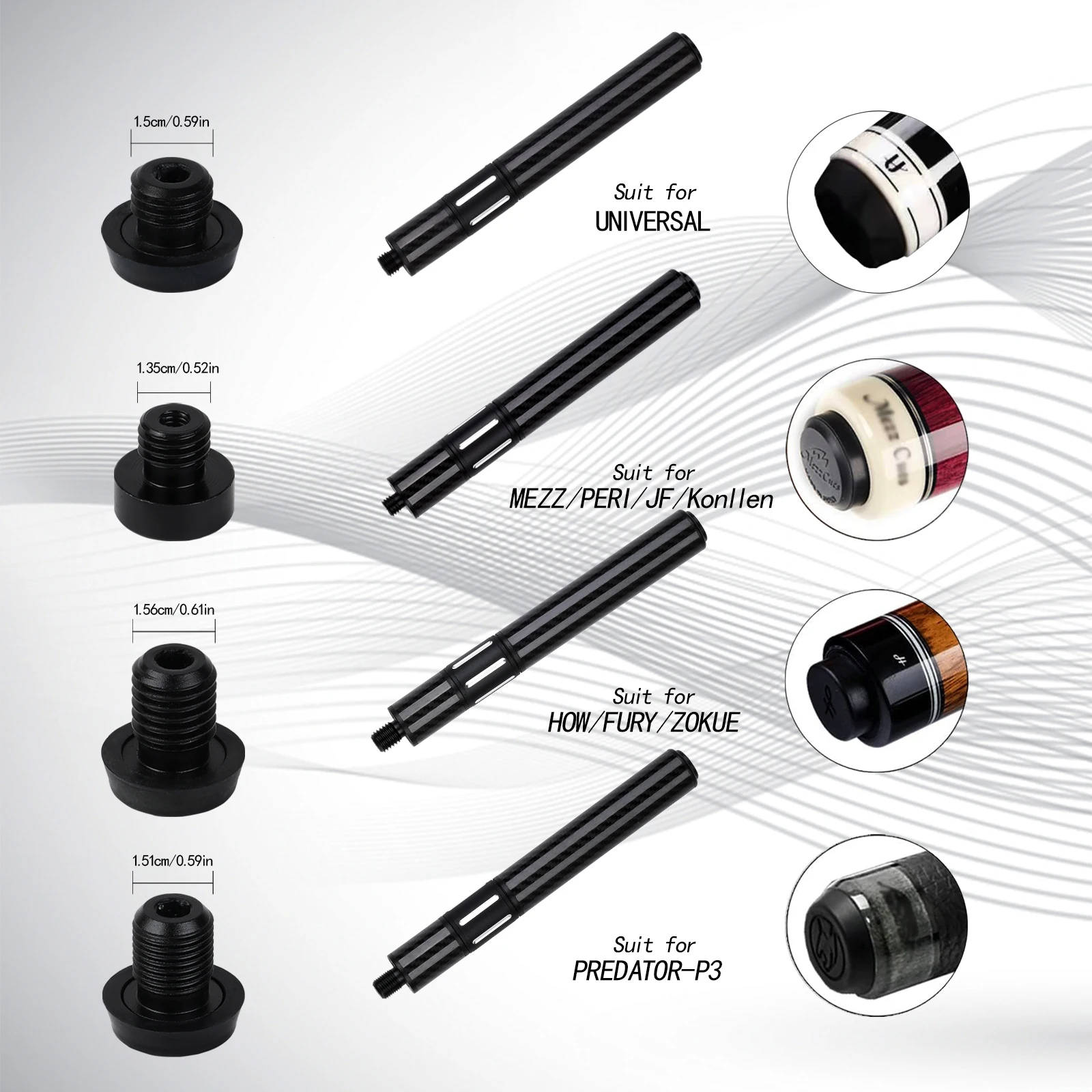 Universelle Teleskop-Queueverlängerung aus Carbonfaser, Pro-Serie, 9-Ball-Zubehör mit Bullet Joint Pin – Detail 1