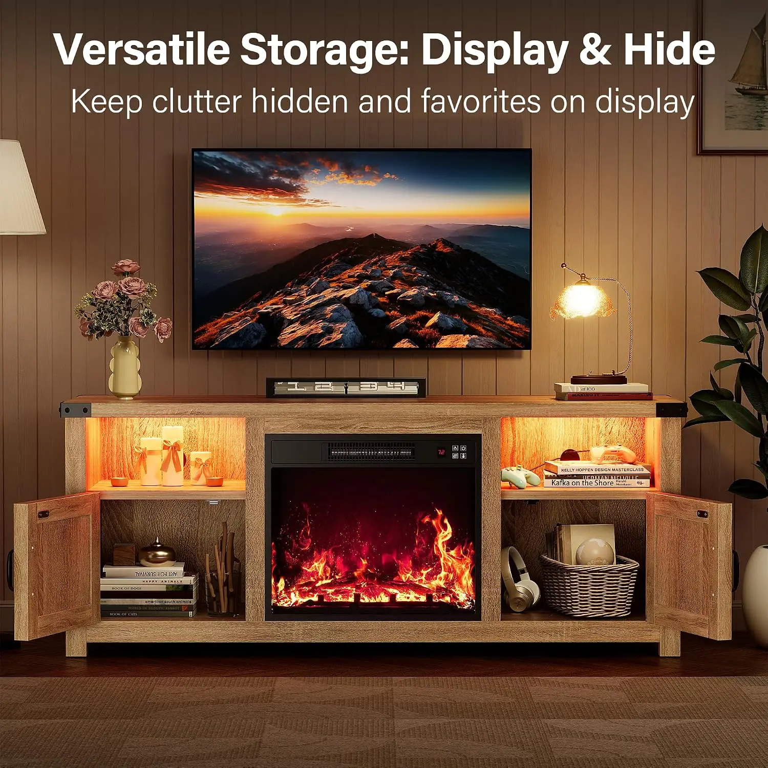 58 Inch LED Fireplace TV Stand for TVs up to 65 Inch White Oak, Customized