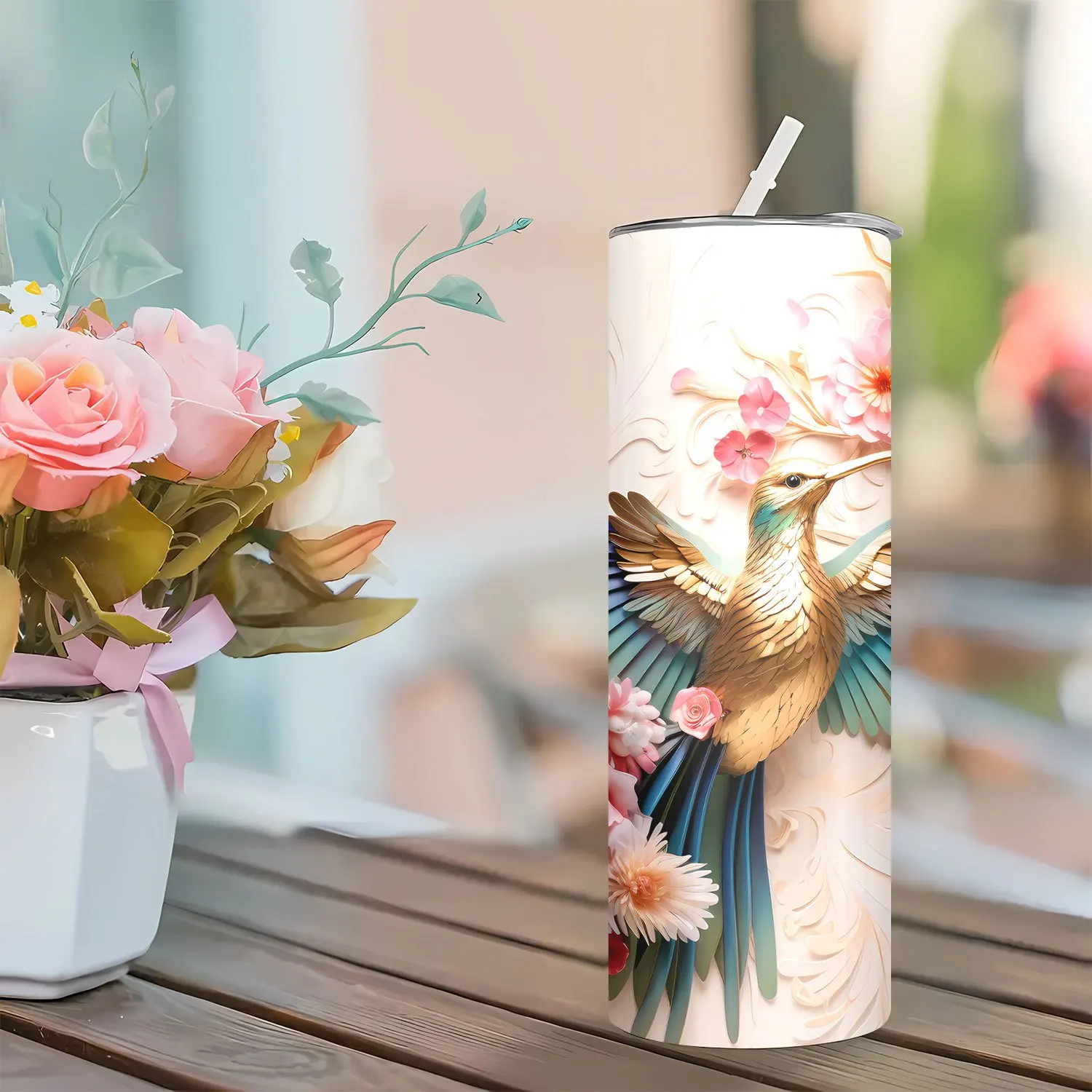 1pc Hummingbird Floral Design 20oz Stainless Steel Tumbler with Lid and Straw, Double Wall Vacuum Insulated Travel Mug, Hand Wash Only, Round Shape, PVC Free - Ideal for Hot and Cold Beverages, Home, Travel, Outdoor Use