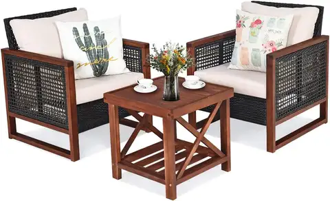 3 Pieces Patio Wicker Furniture Set, Outdoor Rattan Sofa Set With Washable Cushions, Acacia Wood Coffee Table Conversation Bistro Set For Garden Balcony Backyard, Beige