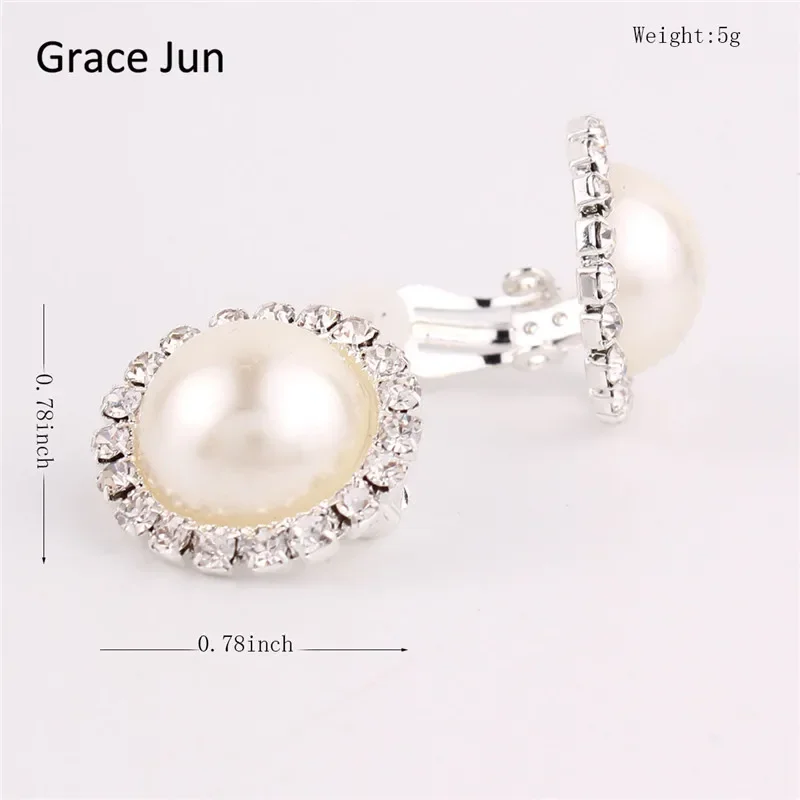 Grace Jun New Design Double Round Shape Rhinestone Clip on Earrings Without Piercing Fashion Simulated Pearl Ear Clip