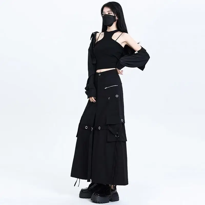 กระโปรงสตรีแนวสตรีทแวร์พังก์อเมริกัน สีดำเข้ม แฟชั่นปี 2025 สไตล์ลำลองใหม่ กระโปรงเอวสูงวินเทจทรงหลวมสำหรับผู้หญิง Y2k