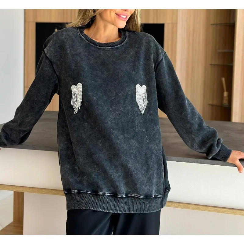 

Autumn and Winter New Women's Clothing Round Neck Pullover Jacket Love Tassel Hot Diamond Washing Old Sweater Women