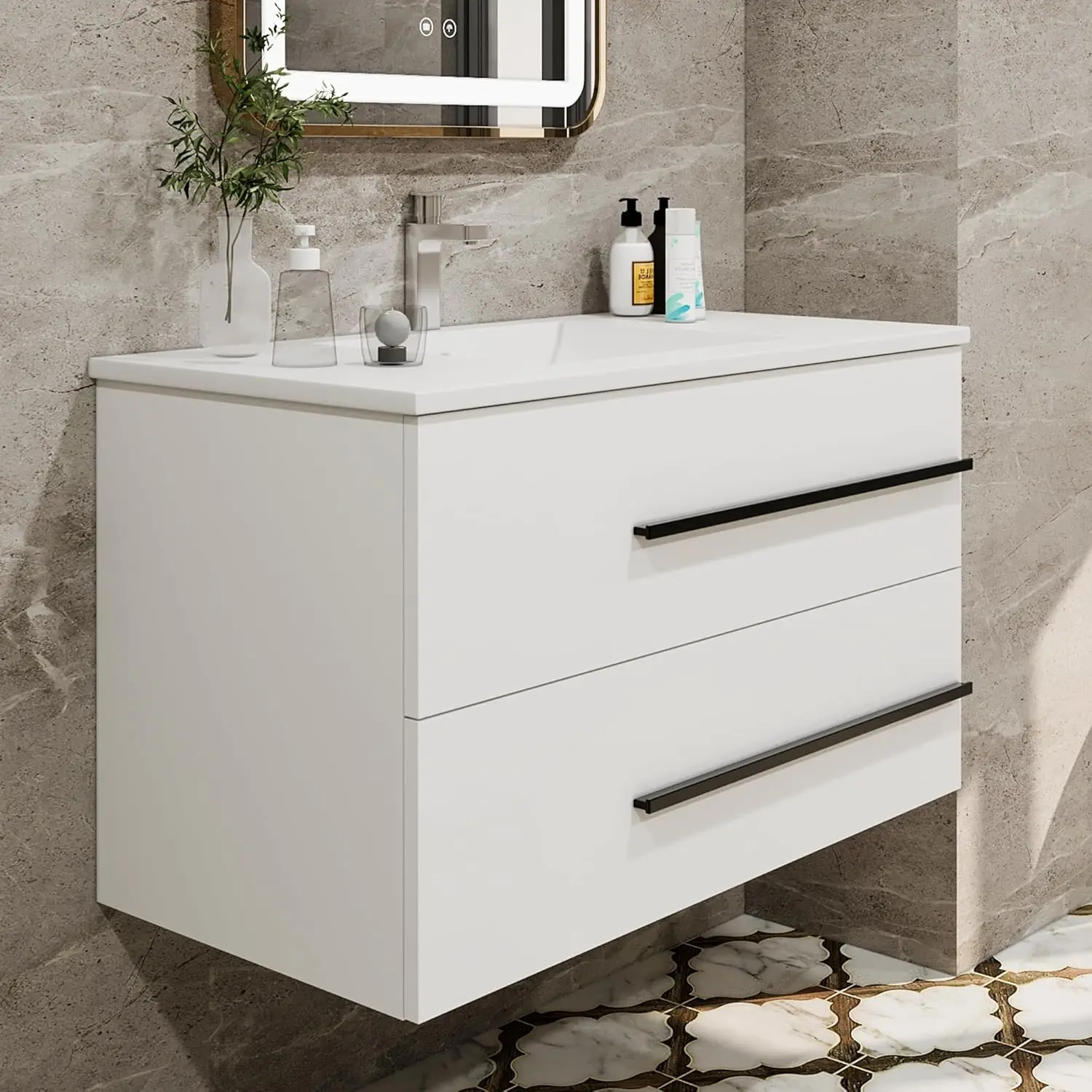 

Designer Floating Bathroom Vanity with Sink, Fluted Drawers - Modern Wall Mounted Storage Cabinet, Black Handles & Soft-Close Dr