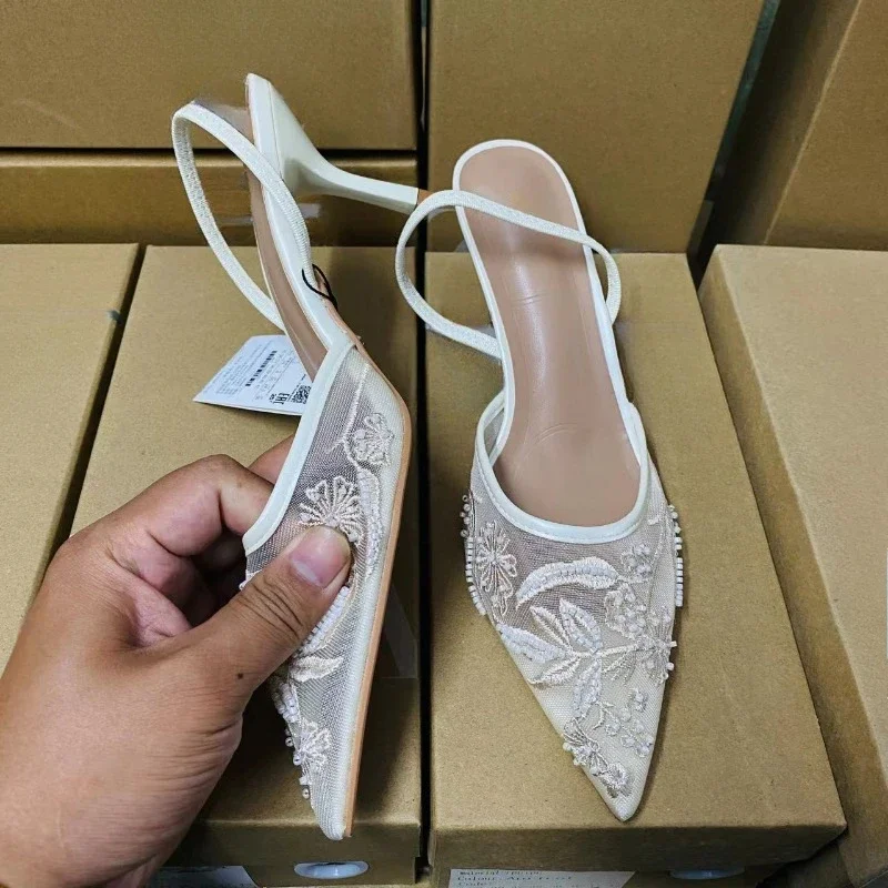 Ladies Flower Mesh Open Heel Sandals Shoes Sexy Designer High Heel Pointed Toe Stiletto Pumps Mules  women sandals image 5
