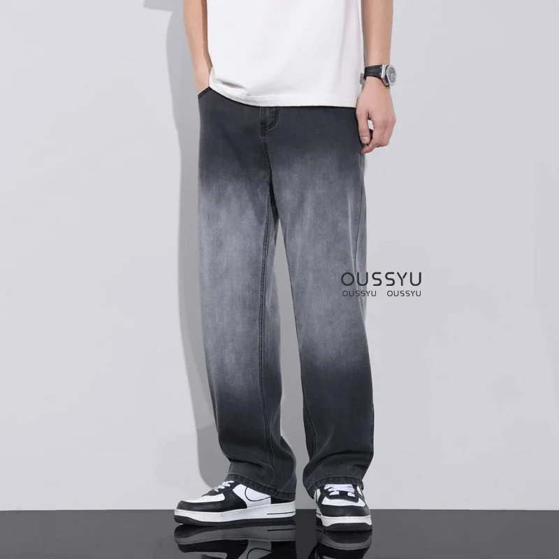 Gradient Grey Jeans Men Summer Smooth Lyocell Fabric Loose Wide Leg Pants Wear Slacks Street Clothing Retro Blue Thin Trousers