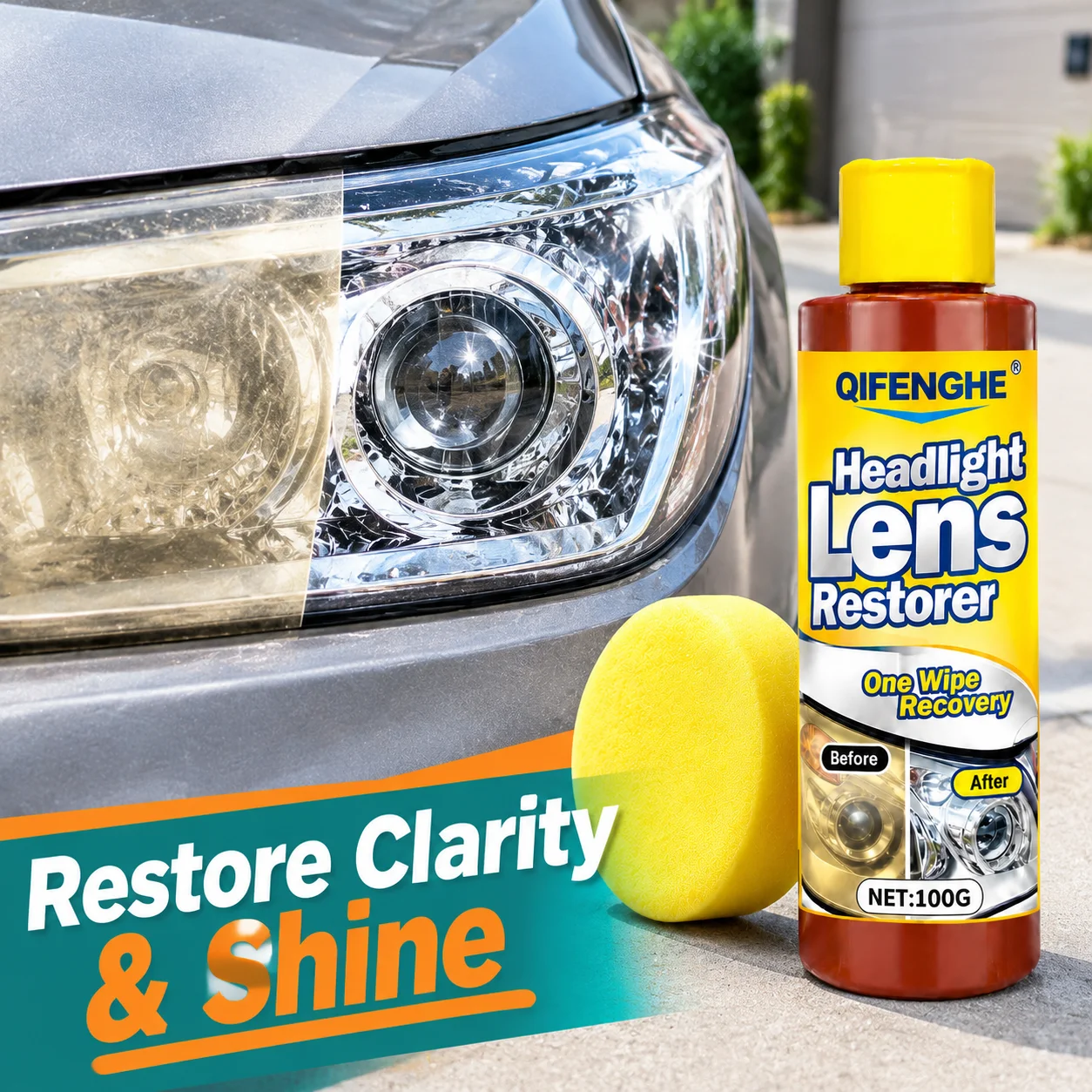 Headlight Lens Restorer 100g, Car Headlight Polish Cleaner with Sponge, Remove Oxidation Yellowing Restore Headlight Clarity for