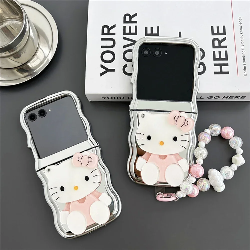 

Luxury New Hello Kitty Plating Bracelet with Stand Phone Case for Samsung Galaxy Z Flip 3 4 5 5G PC Hard Anti-fall Back Cover