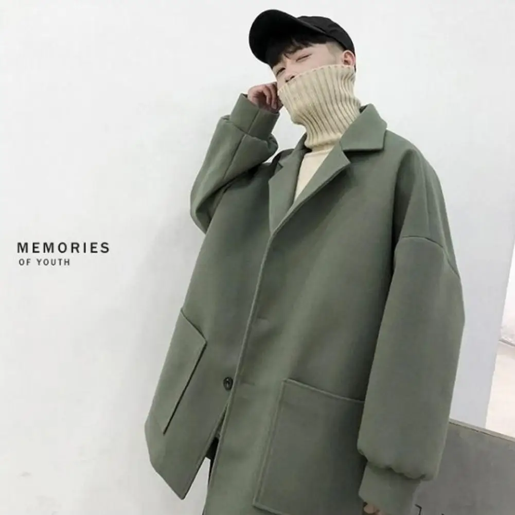 

Winter Jacket Stylish Men's Windbreaker Jacket with Lapel Collar Long Sleeves Big Pockets Solid Color Loose Fit Coat for Autumn