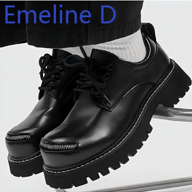 

Round Head Zipper Design Flat Shoes Versatile Casual Height Increasing Derby Shoes Big Head Shallow Mouth Lace Up Leather Shoes