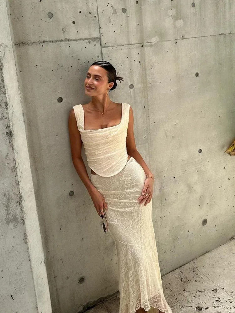 Elegancki strój dla gościa weselnego Oligai, damski zestaw z koronkowym wiązaniem, beżowy crop top i długa spódnica, seksowny strój na formalne okazje.