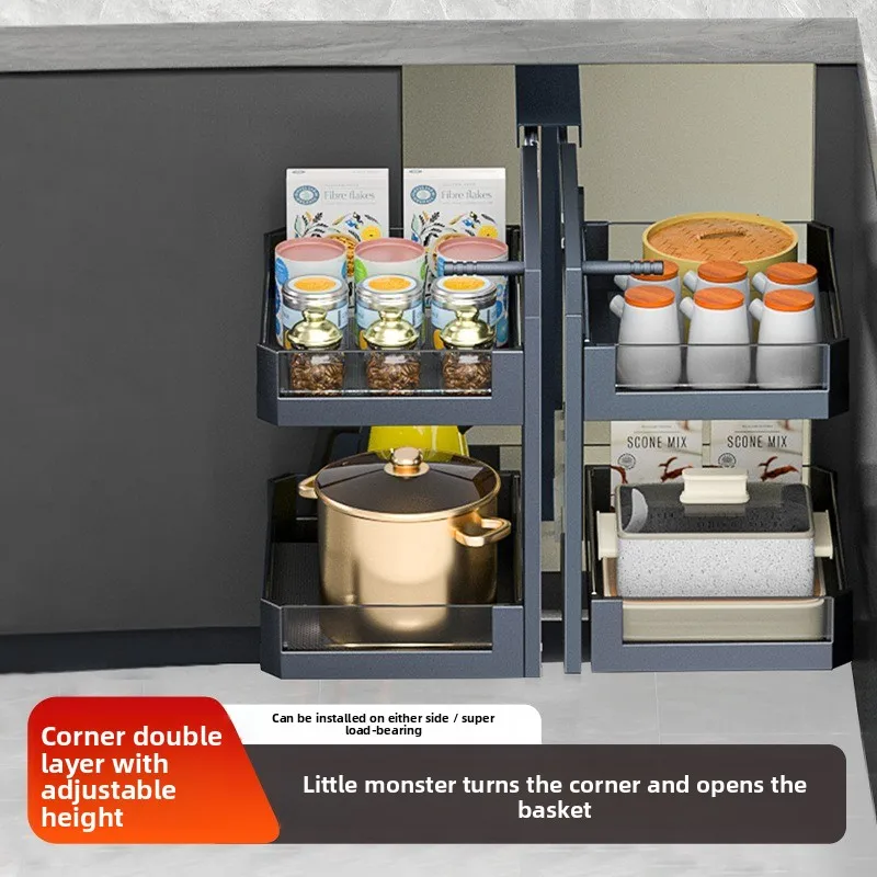 Double Layer Full Pull Out Blind Corner Basket, Swing Open Cabinet Drawer Organizer for Kitchen Spice & Tableware Storage