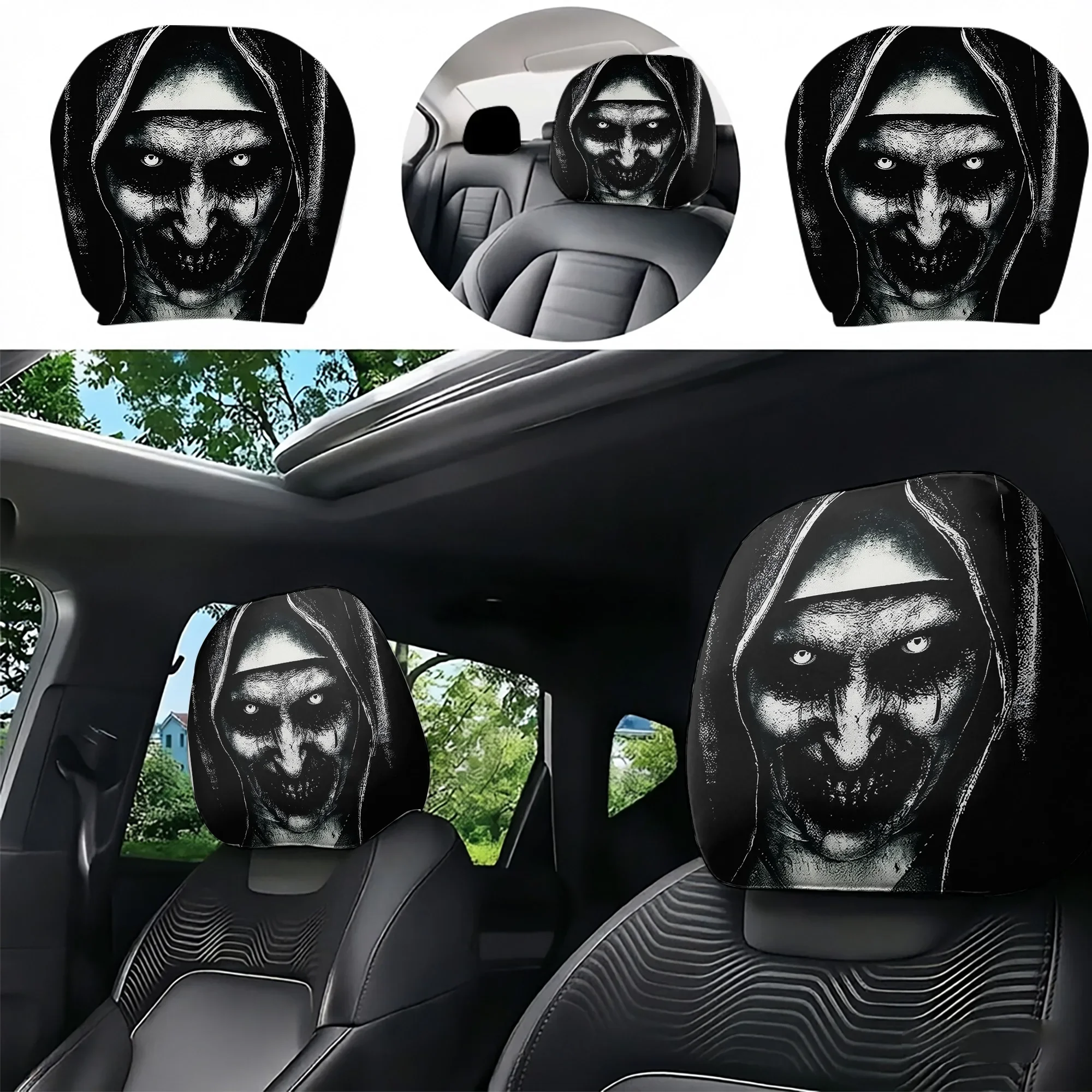2Pcs Car Headrest Covers With Eerie Patterns Adding A Spooky Atmosphere To Your Car S Interior Filling Not Included