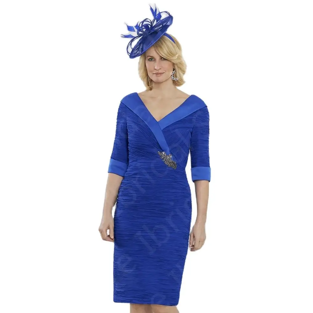 Robe courte simple pour mère de la mariée, robes plissées, longueur genou, mère trempée, fête de la présidence en V, bleu royal, nouveau, 2024